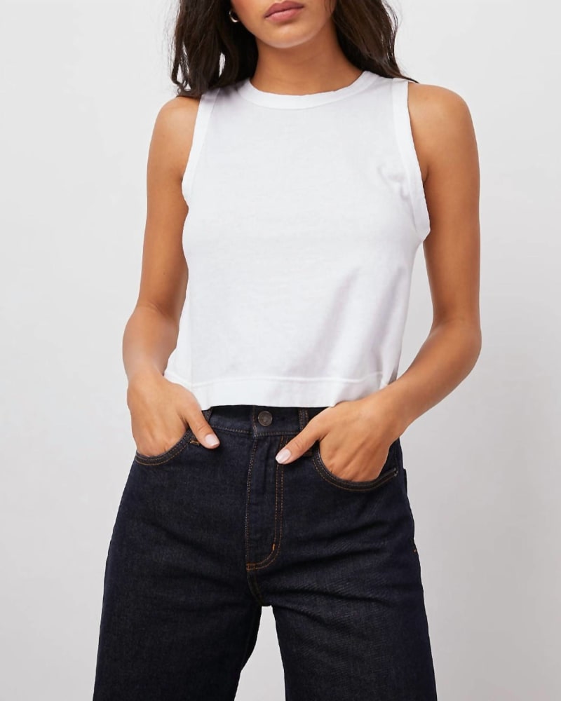 Front of a model wearing a size L The Boxy Tank in White in White by Rails. | dia_product_style_image_id:340475